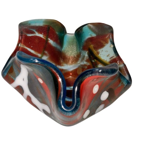 Handcrafted Multicolor Fused Glass Bowl With Abstract Design & Wavy Edges 3"x3"x - Picture 2 of 9